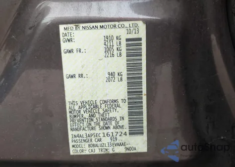 2014 Nissan Altima 2.5 Sv z USA, uszkodzony, nr VIN 1N4AL3AP5EC161724